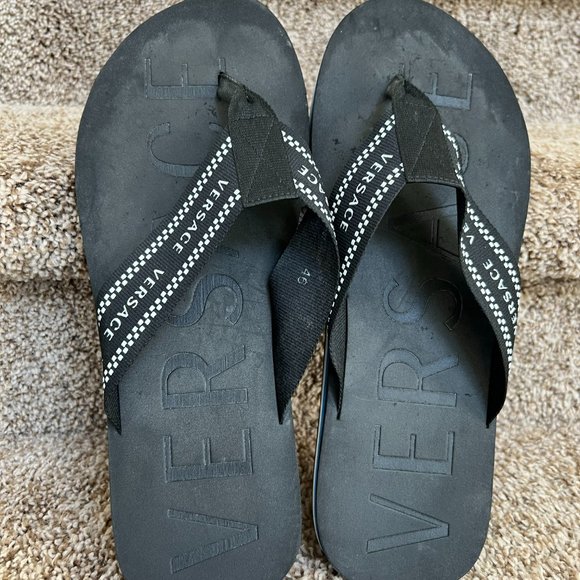 VERSACE Men\'s Black Web Stripes Flip Flops .